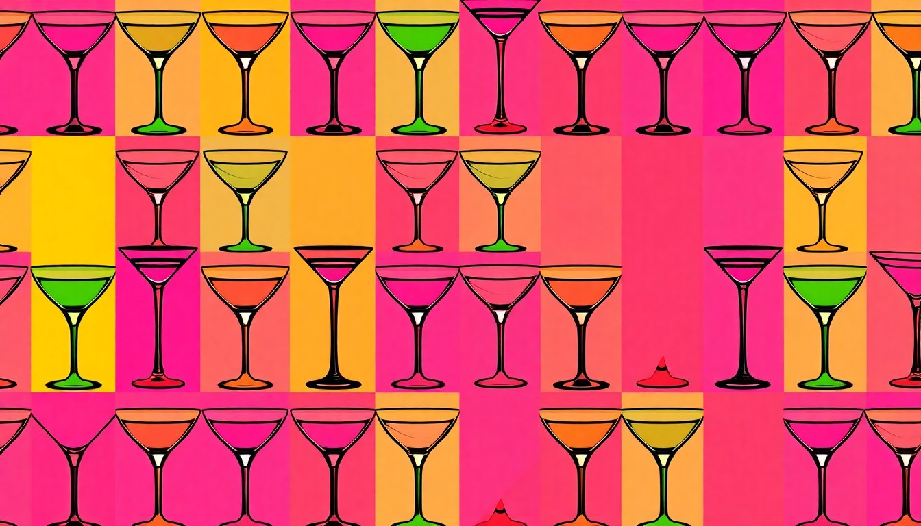 A bold, colorful silkscreen-style illustration featuring a repeating pattern of a single, iconic cocktail glass in vibrant neon hues, capturing the energy and creativity of the Vegas Unstripped 2026 event.