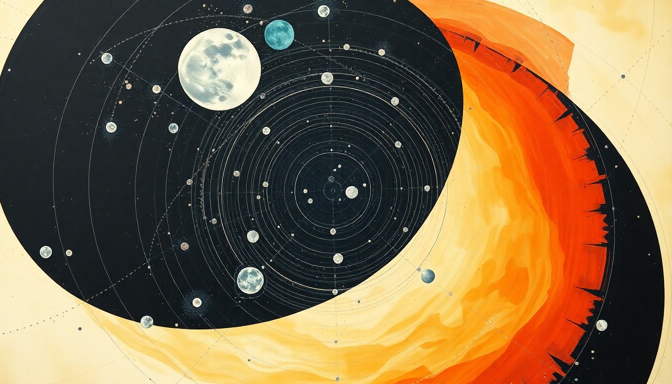 A bold, abstract painting in soft blues, greens, and oranges, featuring sweeping geometric arcs, concentric circles, and precise spirals, conceptually representing the complex forces and concepts of the Artemis II mission to the Moon.