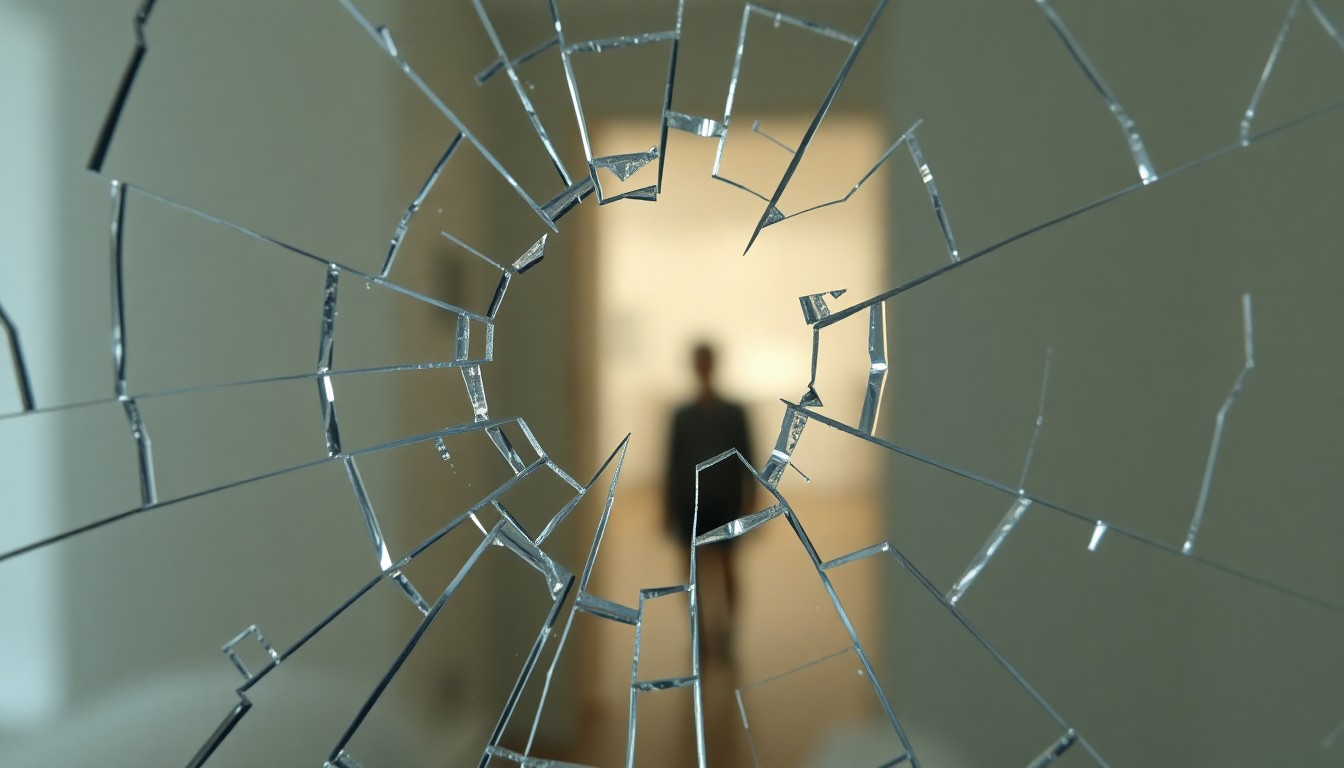 An extreme close-up of a cracked and shattered mirror reflecting a faint, distorted image, conceptually representing the emotional turmoil and fragmented perspective of a former WWE wrestler who overcame personal struggles with the help of the company's rehabilitation program.