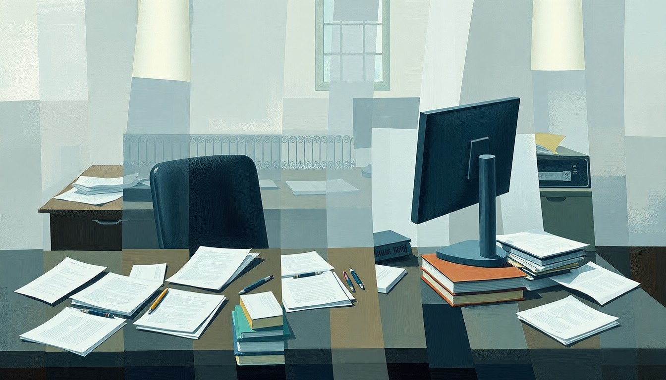A highly stylized, fractured painting depicting a government desk with scattered papers and office supplies, conveying the chaotic nature of bureaucratic fraud.