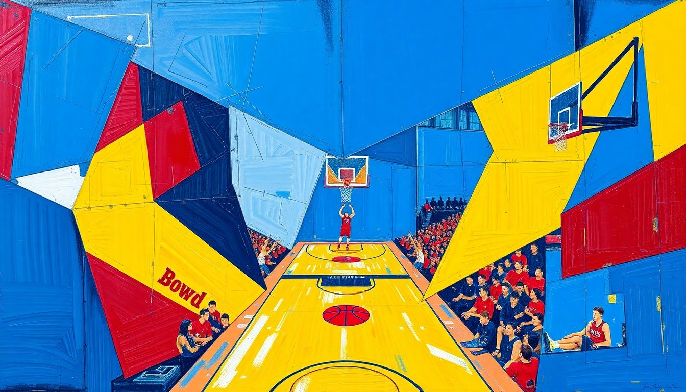 A fragmented, cubist-style painting depicting a college basketball game, with the players and court broken down into sharp, overlapping geometric shapes in vibrant blue, yellow, and red hues, conveying the dynamic movement and shifting perspectives of the sport.