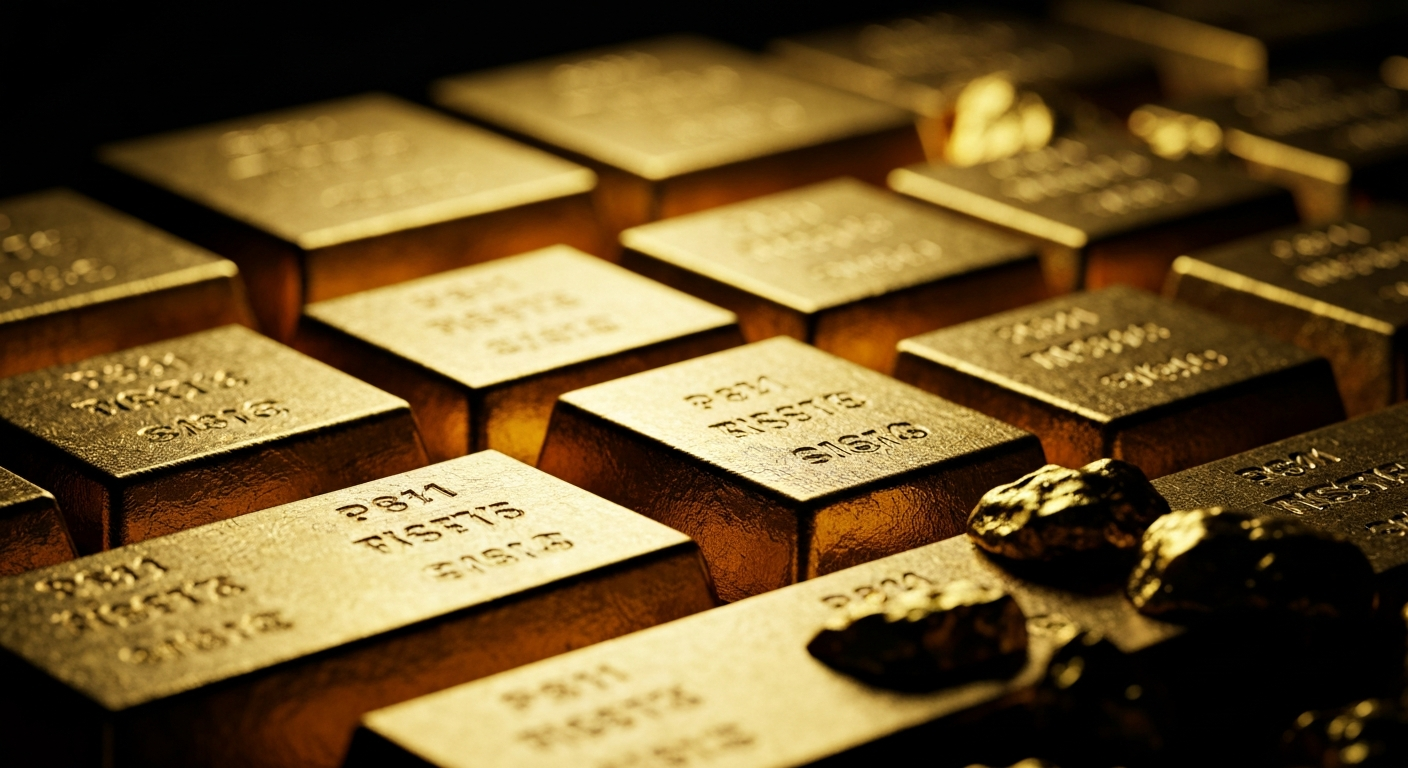 An extreme close-up photograph of gleaming gold bullion bars and nuggets stacked neatly in a secure bank vault, representing the tangible, industrial nature of the global gold trade.