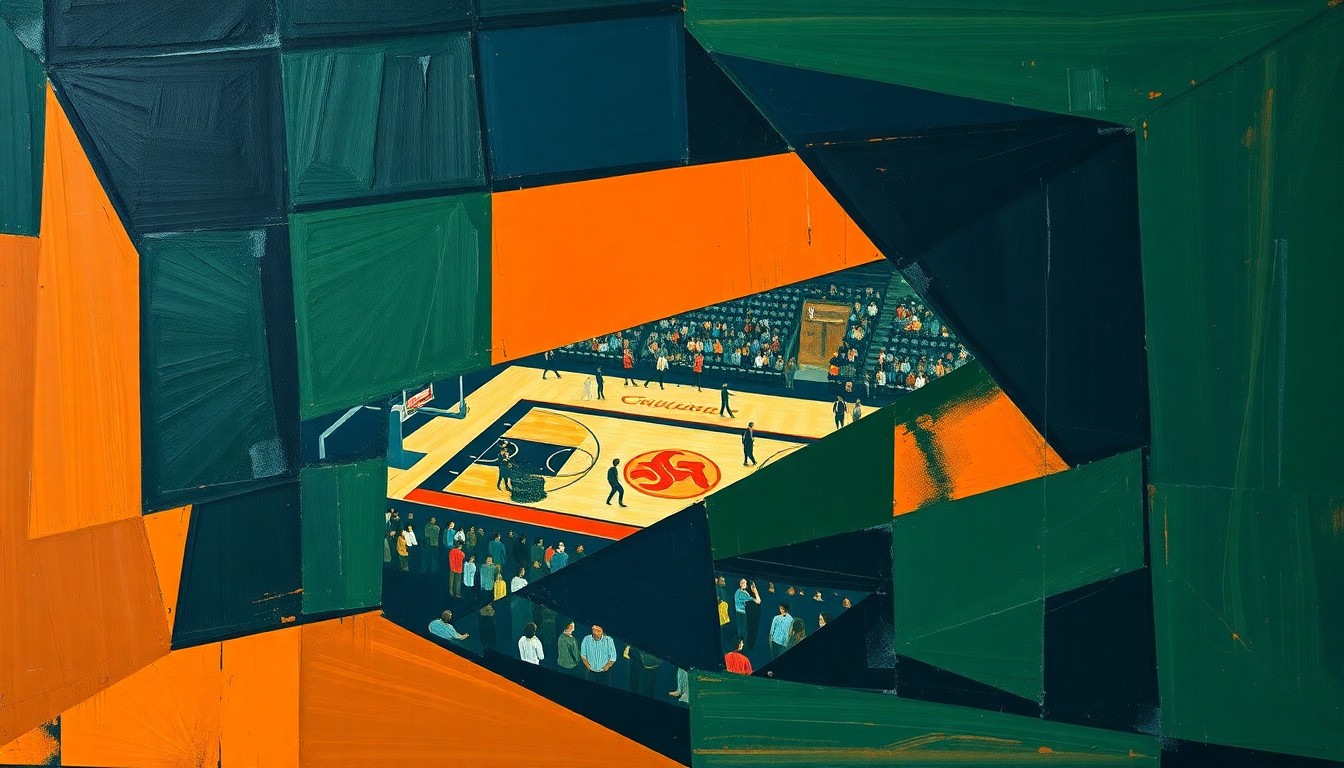 A fragmented, cubist-style painting depicting a college basketball game, with the players and court broken down into sharp, overlapping geometric shapes in a palette of deep navy, forest green, and burnt orange, conceptually representing the complex issues facing the sport.