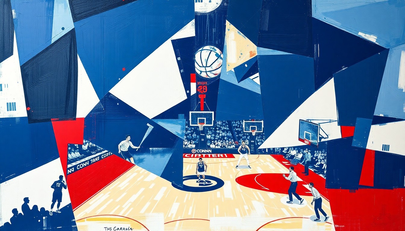 A cubist, geometric painting depicting a fragmented, multi-angle view of a basketball game, with sharp planes of navy, white, and red colors conceptually representing the intensity and energy of UConn's dual Final Four appearance.