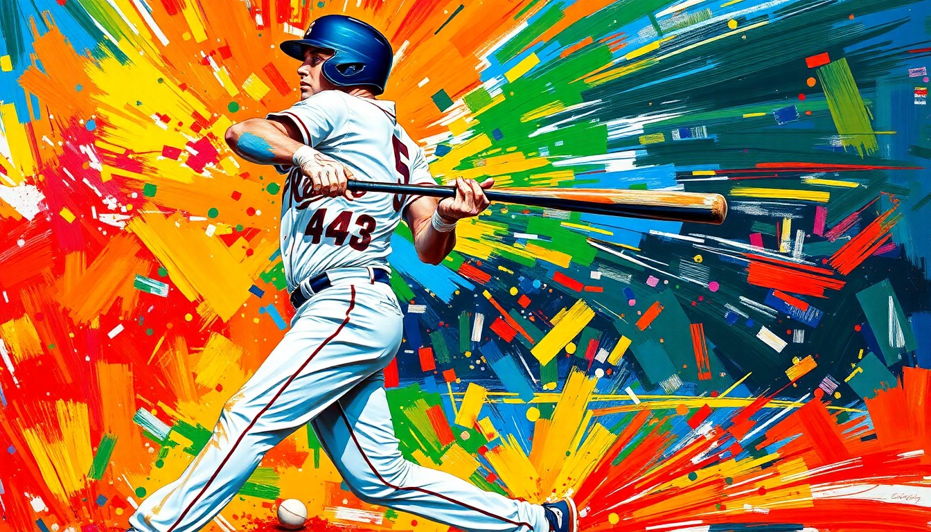An abstract, expressionist painting in vibrant neon colors depicting the explosive power and energy of a baseball player's powerful swing, with the ball blurring into a neon streak as it leaves the bat.