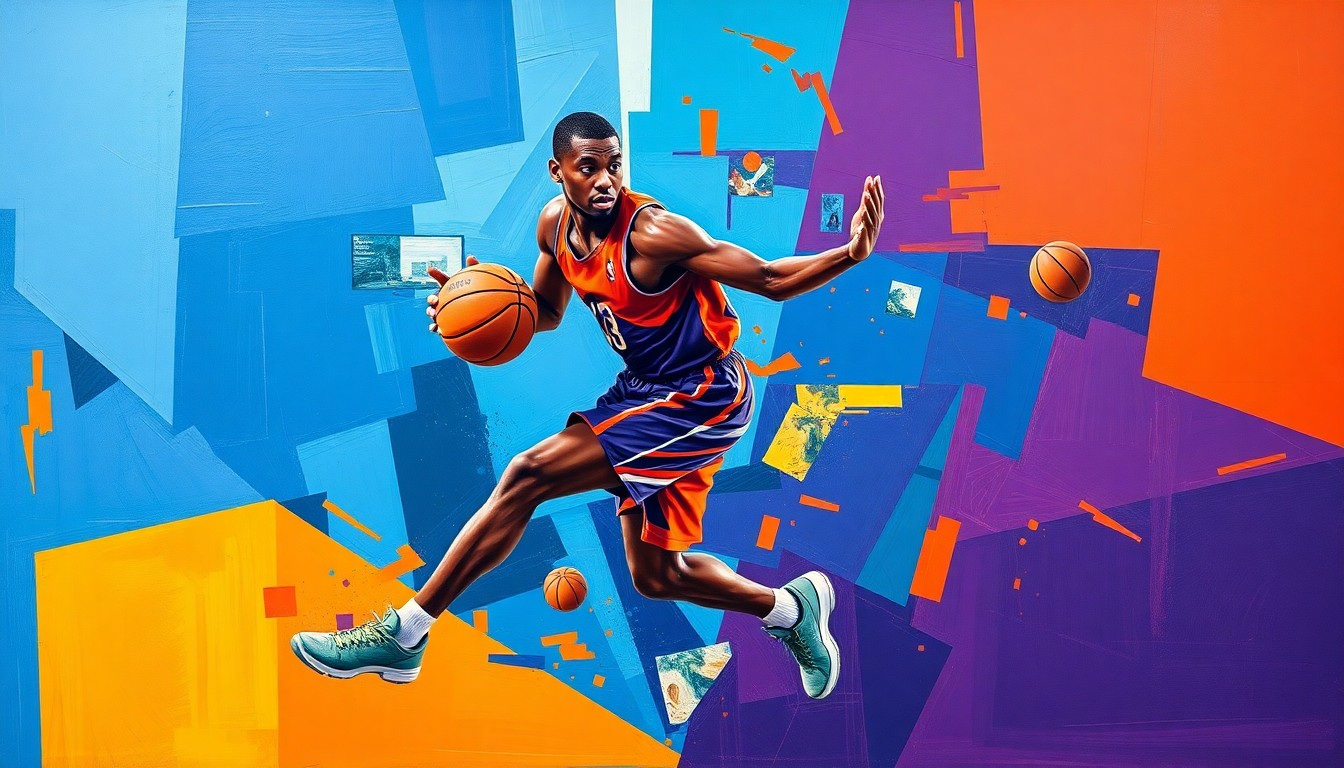 A fragmented, cubist-style painting depicting a basketball player in motion, with sharp geometric shapes and planes of vibrant colors like blue, orange, and purple, capturing the dynamic energy of the sport.