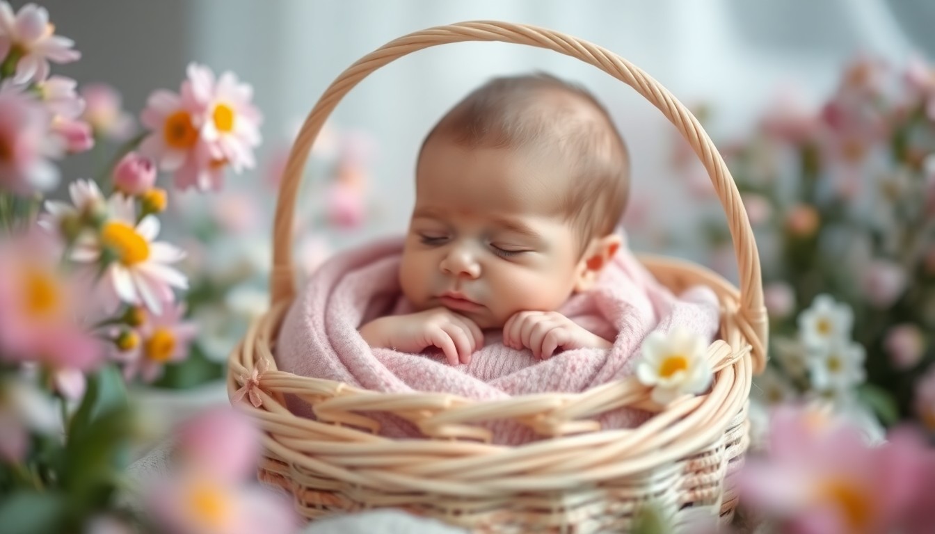 A dreamy, impressionistic photograph of a baby wrapped in a pastel Easter basket, with blurred flowers and warm lighting creating a soft, intimate mood.