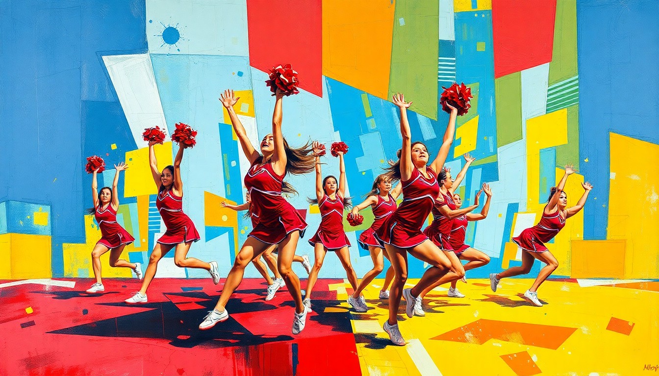 A fragmented, geometric painting depicting the motion and energy of a competitive cheer routine, with overlapping planes of bright primary colors.