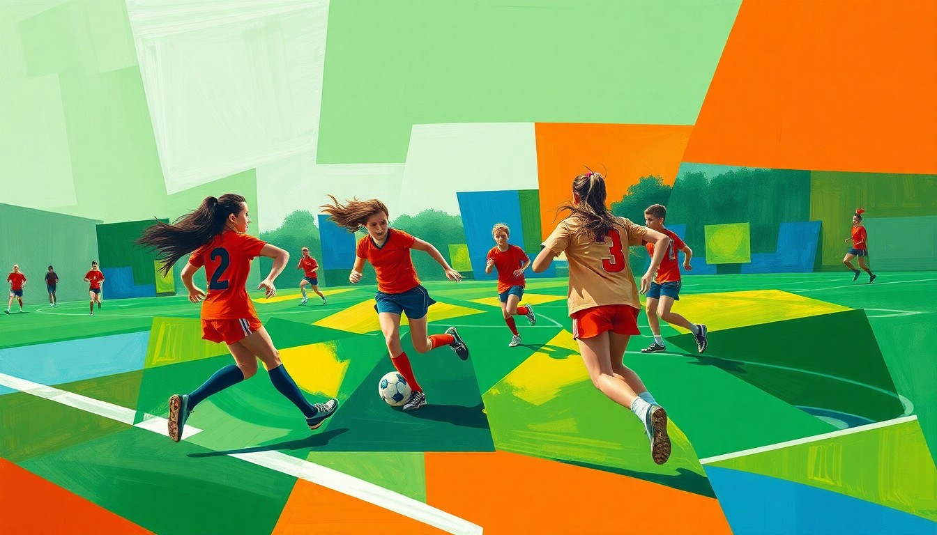 A fractured, cubist-style painting depicting the dynamic movements and energy of a girls' flag football game, with the players and field deconstructed into overlapping geometric shapes and planes of vibrant green, blue, and orange.