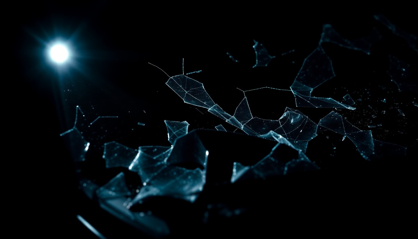 An extreme close-up photograph of a shattered car window or damaged vehicle part, lit by a harsh, direct camera flash against a pitch-black background, conveying the stark, gritty aftermath of a tragic highway accident.