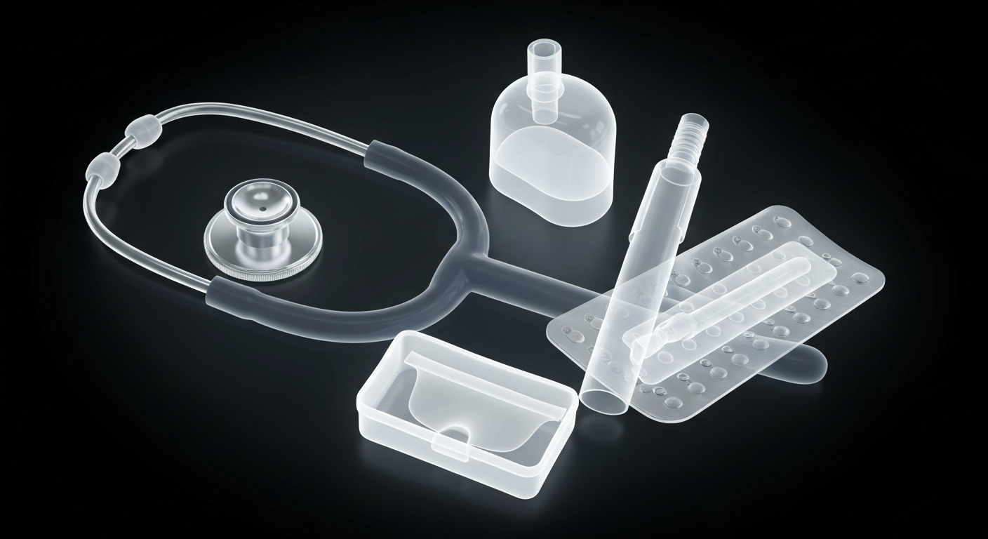 A ghostly, translucent X-ray photograph showing the internal structures of a stethoscope and other medical supplies against a dark background, conceptually representing the couple's dedication to uncovering and treating hidden health issues around the world.