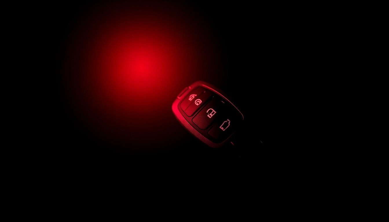 An extreme close-up photograph of a car key fob reflecting a faint red light, conceptually representing the search for a missing person.
