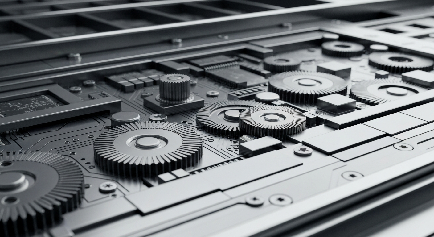 A close-up, cinematic view of the inner workings of a high-tech financial trading system, with gears, circuits, and metallic components in shades of steel grey, gunmetal, and chrome, conveying a sense of power, complexity, and the heavy machinery behind modern finance.
