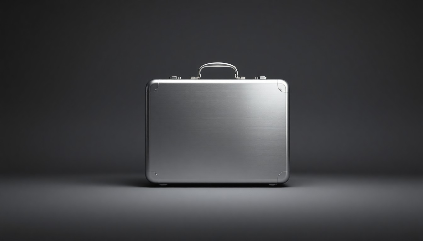 A photorealistic studio still-life photograph of a polished metal briefcase floating on a clean, dark grey background, symbolizing the confidential information at the center of the lawsuit against Paramount's president.