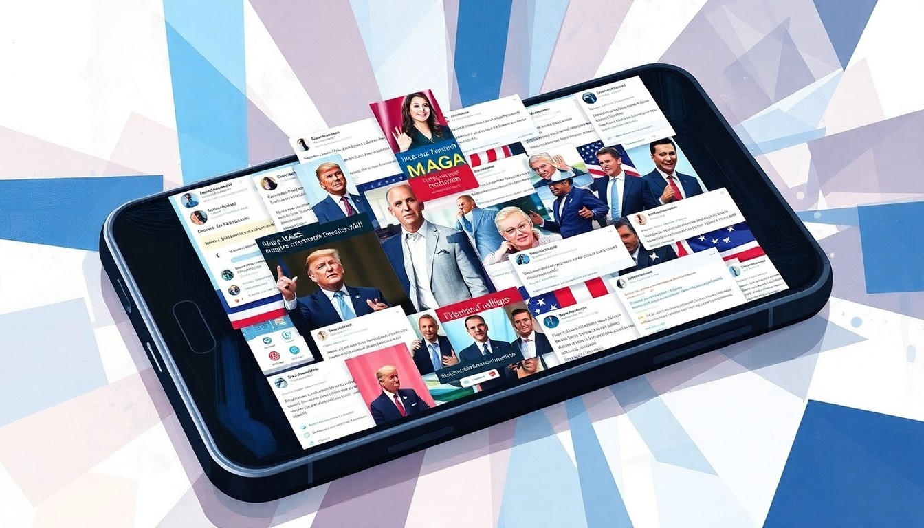 A fractured, geometric painting depicting a collage of social media posts, hashtags, and viral memes related to the MAGA movement, conveying the fast-paced, ever-changing nature of online political discourse.