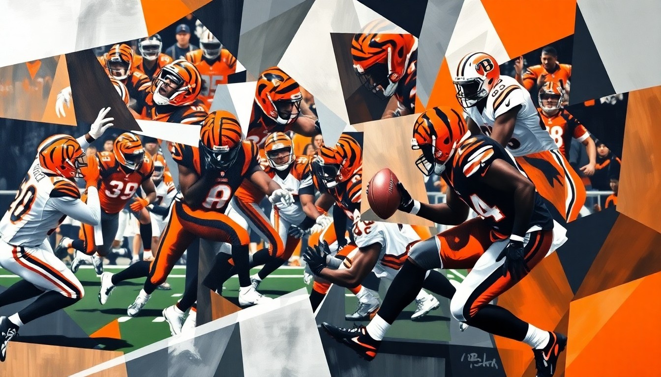 A fractured, geometric painting depicting a football game in progress, with the players' forms broken down into sharp, overlapping planes of orange, black, and white, creating a sense of dynamic motion and uncertainty.