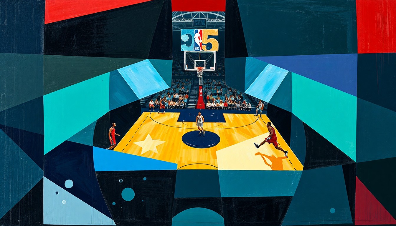 A cubist, geometric painting depicting an abstract basketball game, with overlapping shapes and planes of color representing the dynamic action on the court.