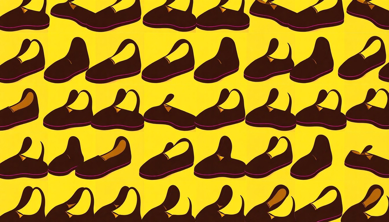 A high-contrast silkscreen print in vibrant neon colors depicting a single Hopp Studios shoe repeated in a grid pattern, conceptually representing the brand's iconic and playful footwear designs.