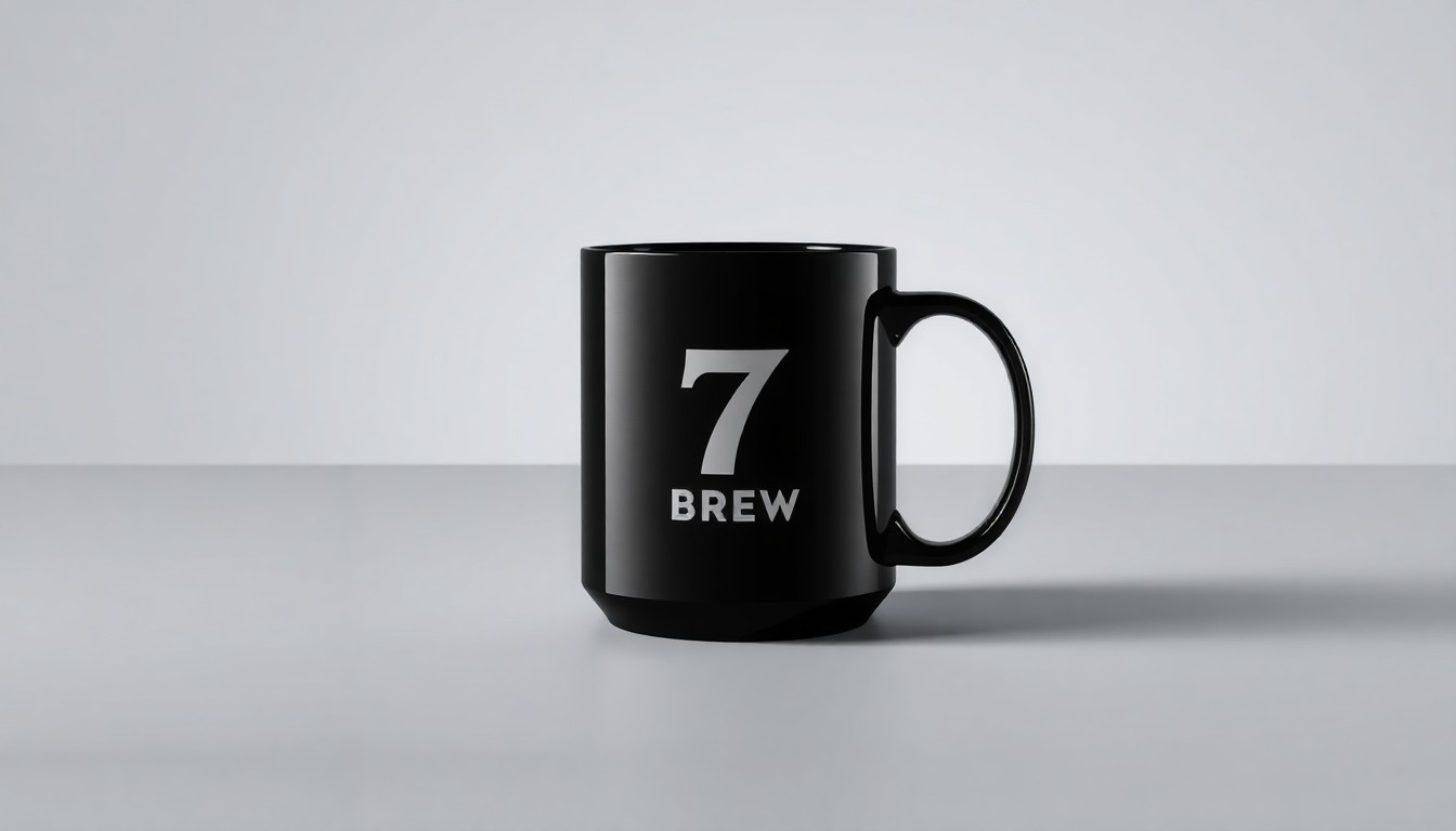A high-end, photorealistic studio still-life photograph featuring a sleek, modern coffee mug with the 7 Brew logo, set against a clean, monochromatic background and lit dramatically to evoke a sense of premium quality.