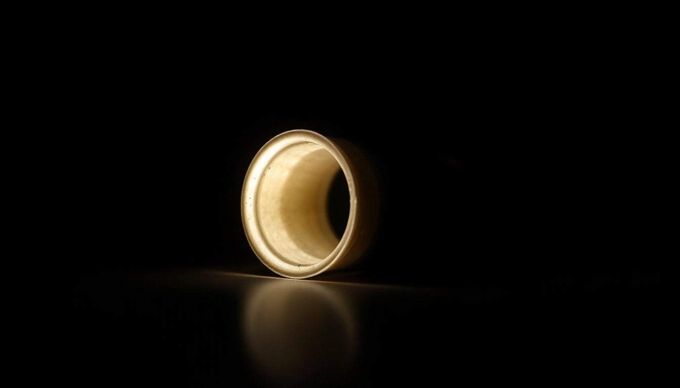 An extreme close-up photograph of a spent shell casing from a handgun, lit by a harsh, direct camera flash against a pitch-black background, conceptually representing the evidence and investigation of a deadly shooting.