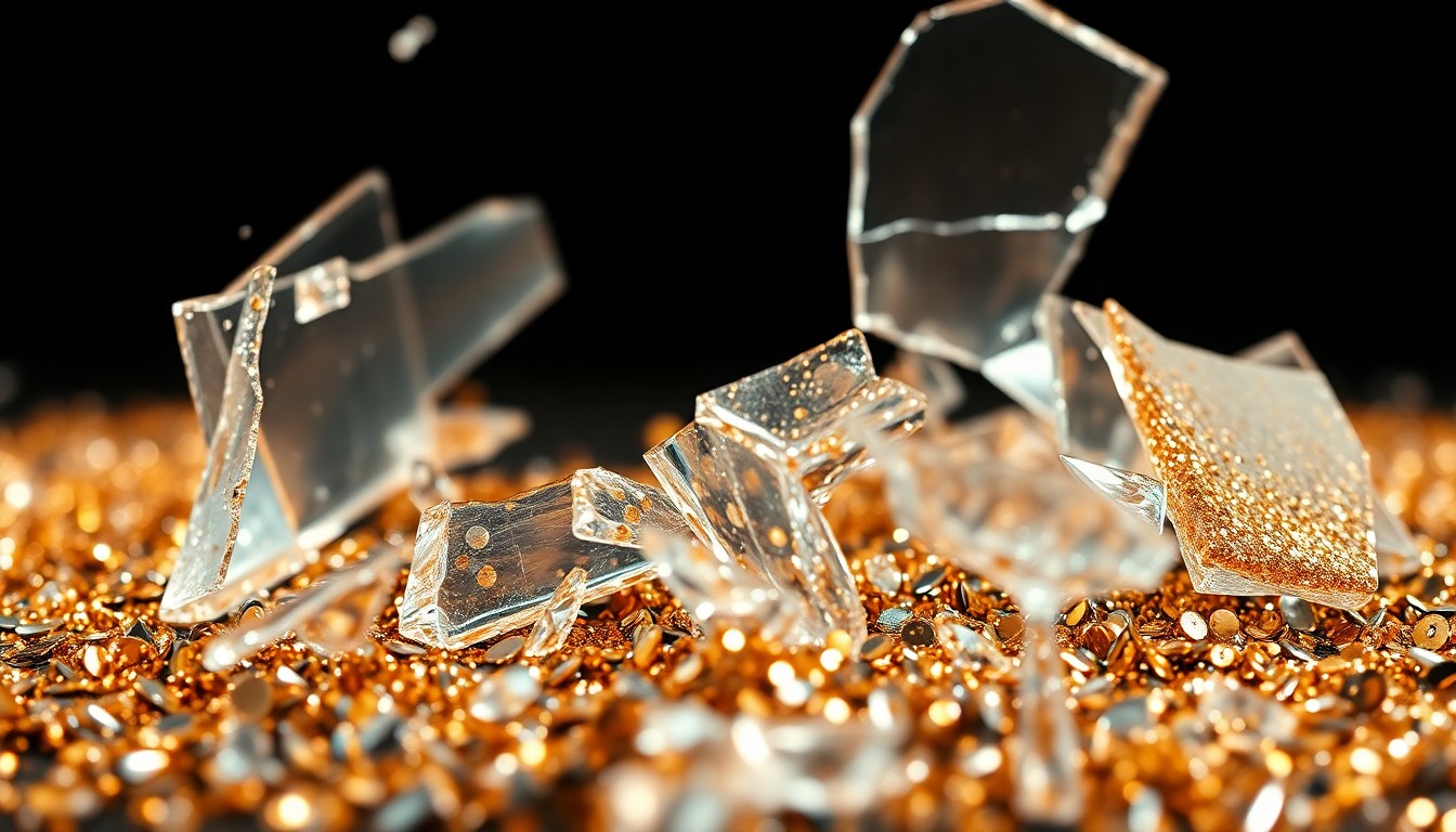 An abstract close-up image of shattered glass and glittering sequins, capturing the high-contrast glamour and drama of celebrity culture.