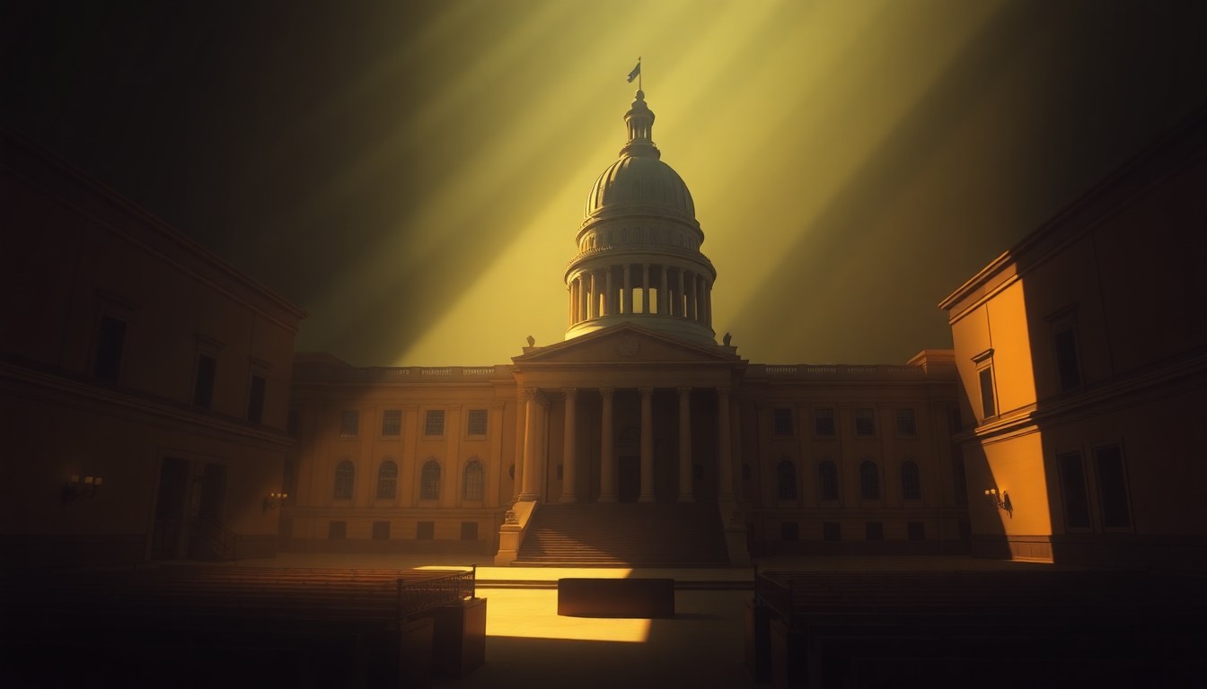A serene, photorealistic painting of a state capitol building or legislative chamber, with warm light streaming through the windows and deep shadows accentuating the architectural details, conveying a sense of quiet contemplation about the political process.