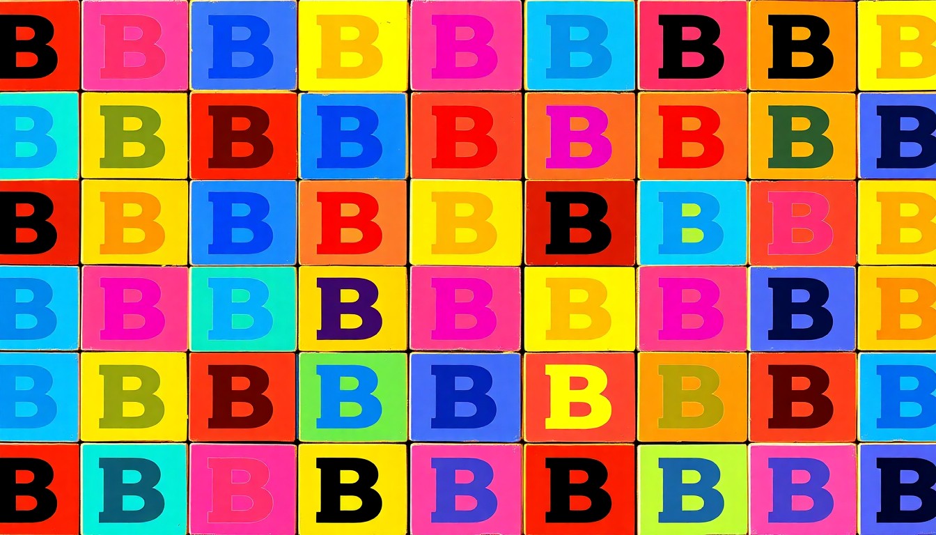 A bold, colorful silkscreen-style illustration featuring a repeated pattern of a single ceramic letter tile, conceptually representing the recognition and celebration of a student artist's work.