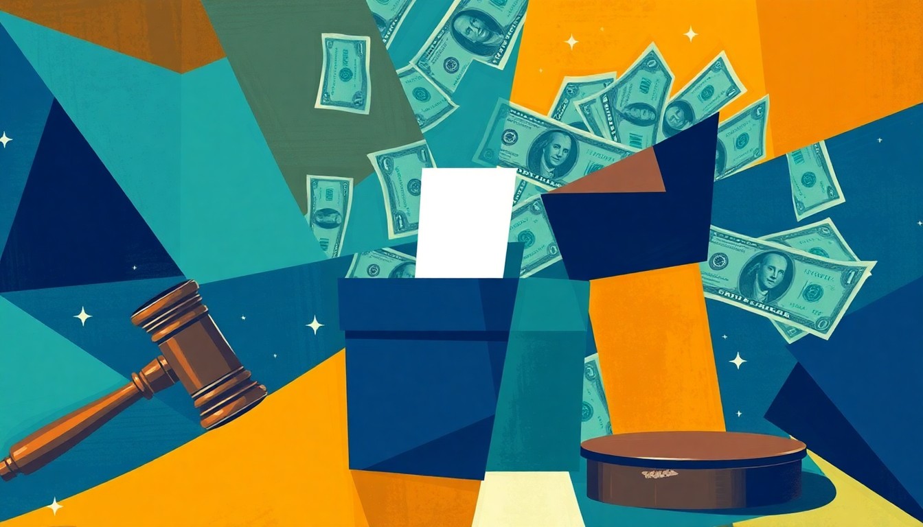 An abstract, overlapping geometric painting in shades of navy, teal, and ochre, depicting a gavel, ballot box, and dollar bills, conceptually representing the chaotic impact of money on the democratic process.