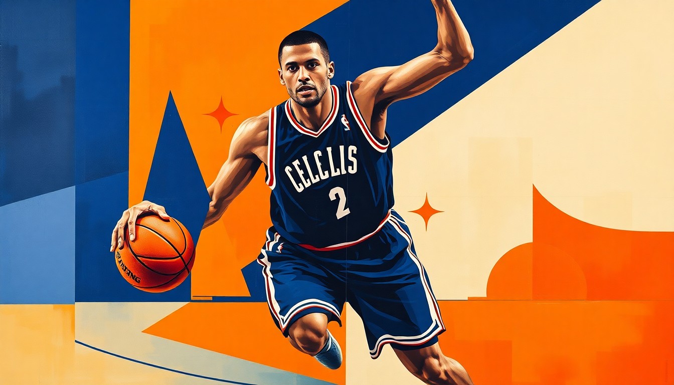 A fractured, multi-perspective painting featuring bold, angular shapes in navy blue, orange, and white, conceptually representing the dynamic movements and presence of a star basketball player on the court.