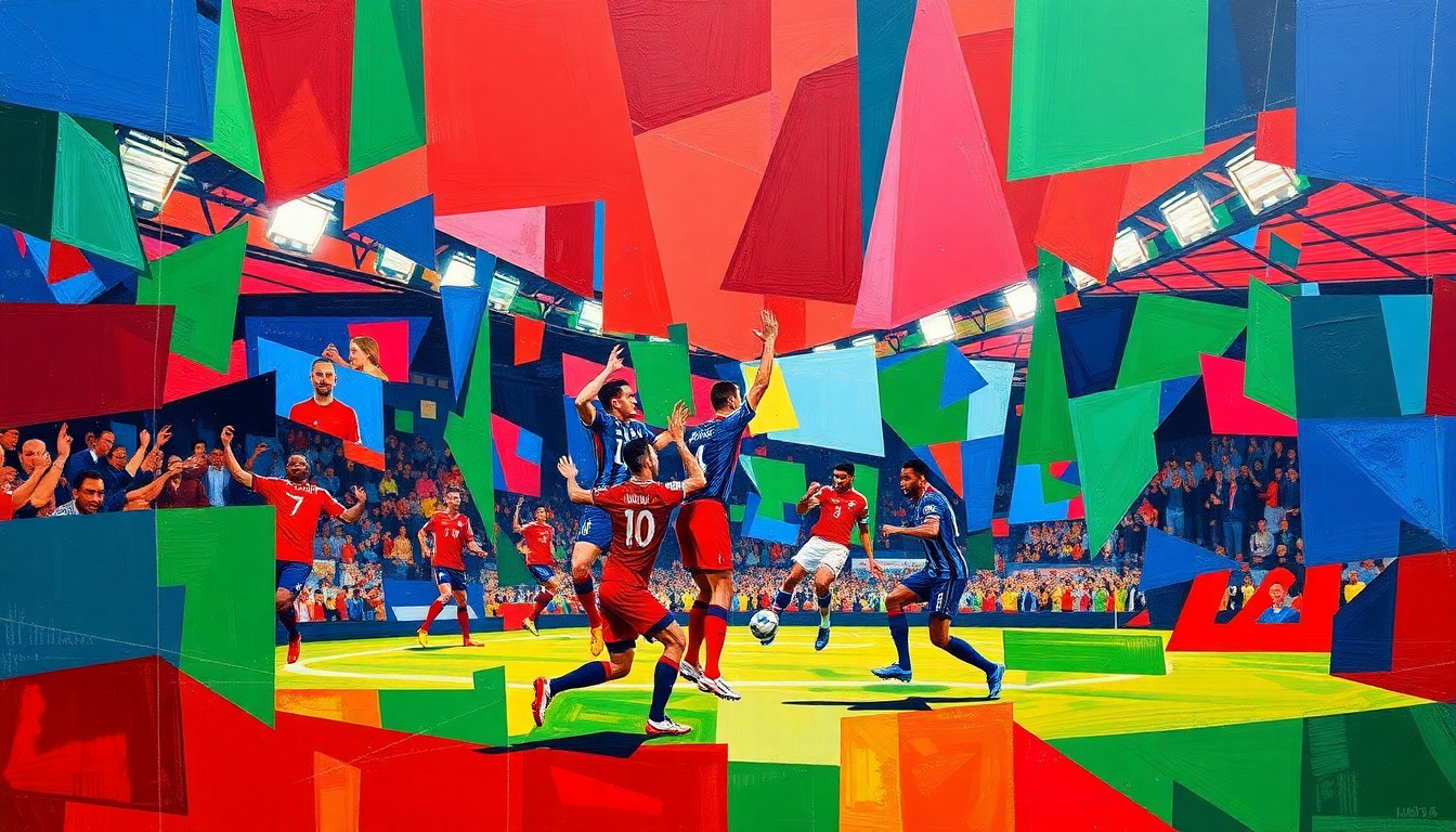 A fragmented, cubist-style painting depicting a soccer match or celebration, with sharp geometric shapes and planes of vibrant red, blue, and green colors, conveying the dynamic energy of the Premier League.