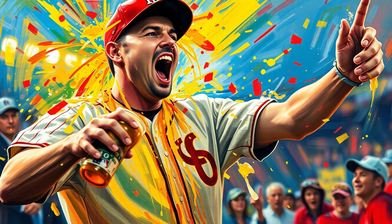 An abstract, expressionist painting in neon colors depicting the chaotic scene of a baseball player being covered in a shower of beer, ketchup, and mustard, capturing the raw energy and emotion of the celebratory moment.