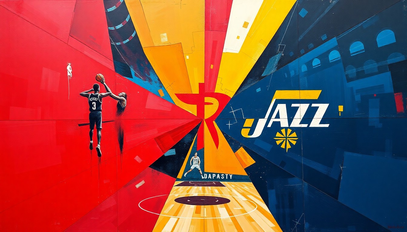 A cubist-style painting depicting a basketball game between the Houston Rockets and Utah Jazz, with the players and court broken down into sharp, overlapping geometric shapes and planes in vibrant red, navy blue, and gold colors.