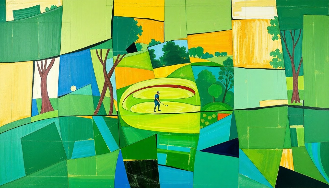 A fragmented, geometric painting in shades of green, blue, and gold, capturing the energy and movement of a professional golf tournament.
