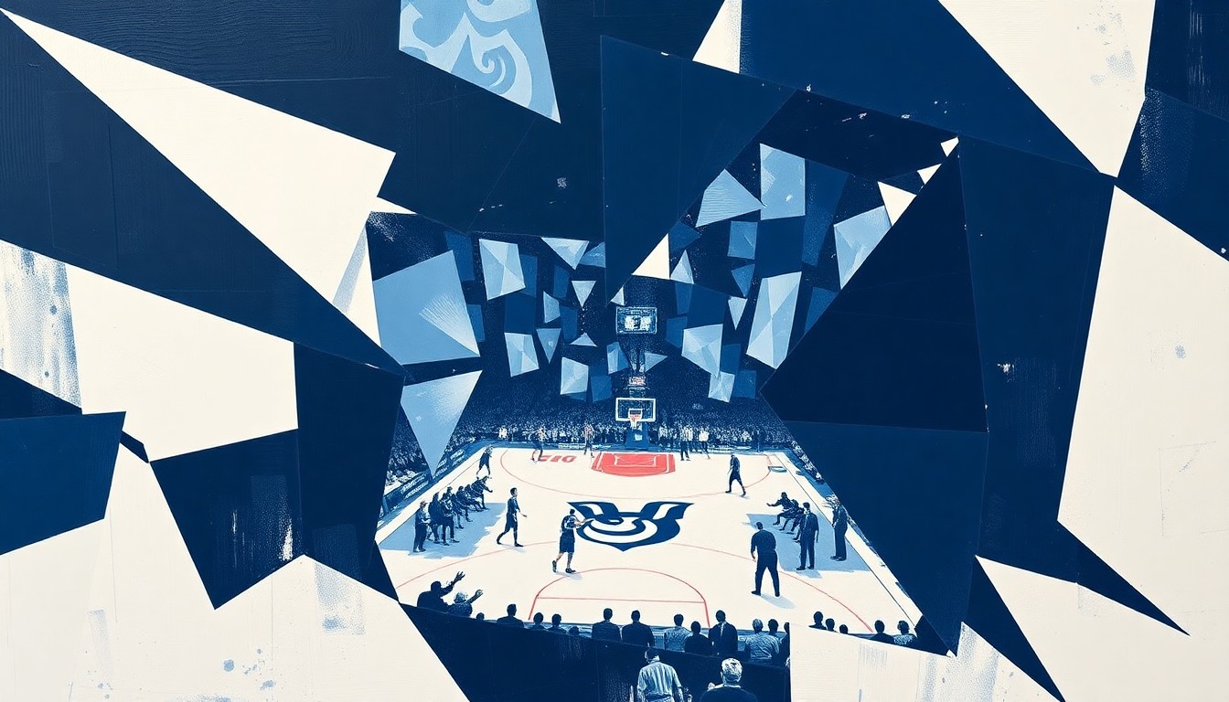 A fractured, cubist-style painting depicting the dynamic action of a basketball game, with sharp geometric shapes and planes in navy blue and white representing the UConn Huskies.