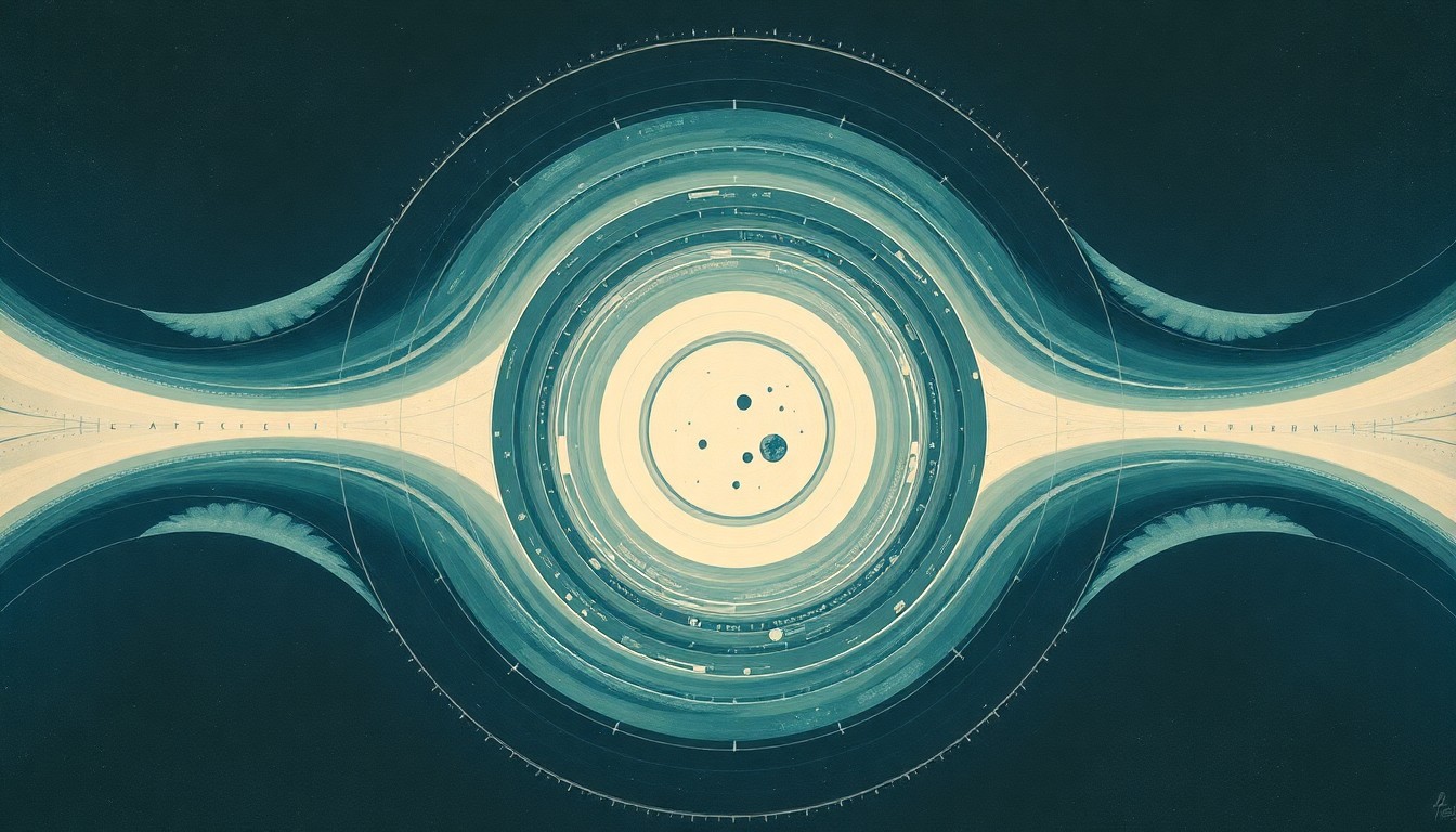 An abstract, highly structured painting in the style of Hilma af Klint, featuring sweeping geometric arcs, concentric planetary circles, and precise spirals in soft shades of blue, green, and gray, conveying the structural order of the Artemis II spacecraft's journey to the moon.