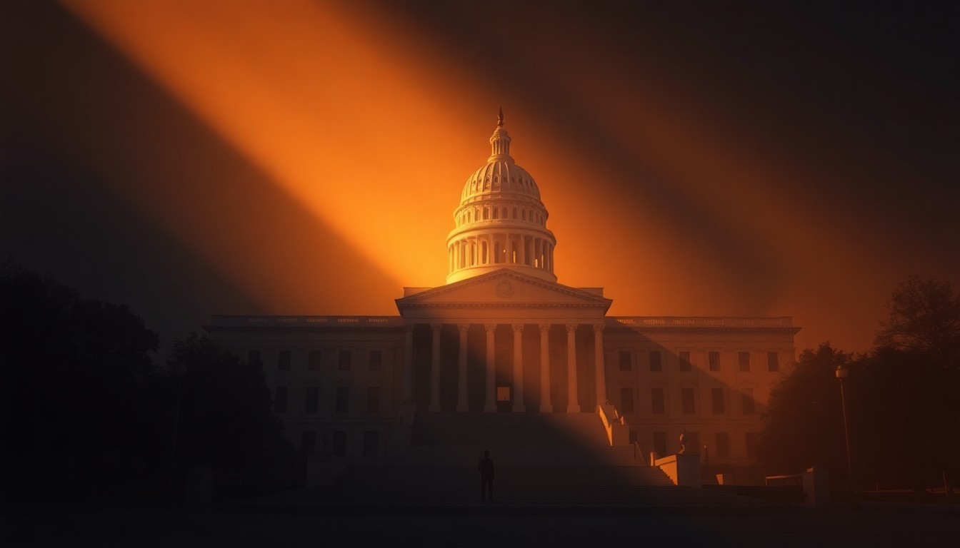 A cinematic painting of a state capitol building in warm, golden light, with a lone figure standing on the steps, conveying the quiet contemplation of civic engagement.