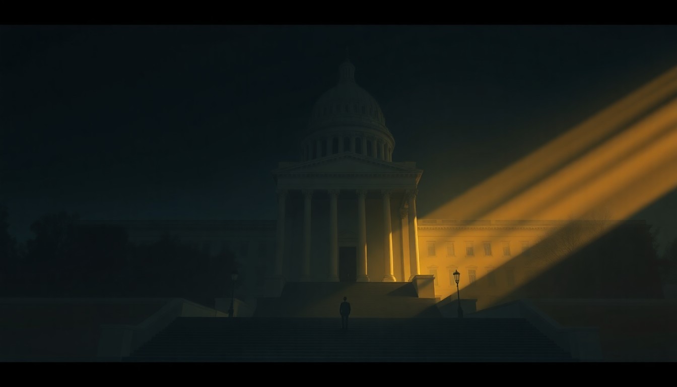 A photorealistic painting of an empty state capitol building with a lone figure standing on the steps, bathed in warm, diagonal sunlight and deep shadows, conveying a sense of solitude and contemplation.