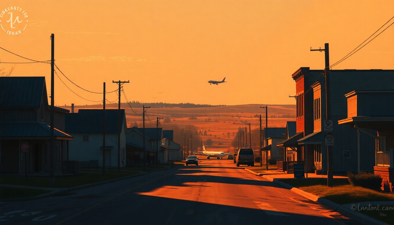 A serene, nostalgic painting of a small-town South Dakota street, with a distant airport visible, conveying the governor's focus on supporting rural areas through infrastructure and economic development initiatives.