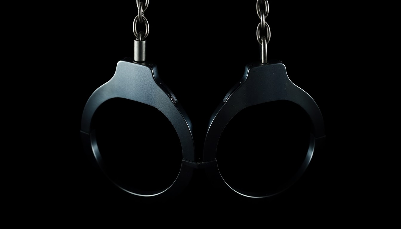 An extreme close-up photograph of a pair of metal handcuffs against a pitch-black background, creating a stark, gritty, and investigative aesthetic that conceptually represents the legal consequences of disorderly conduct and harassment.