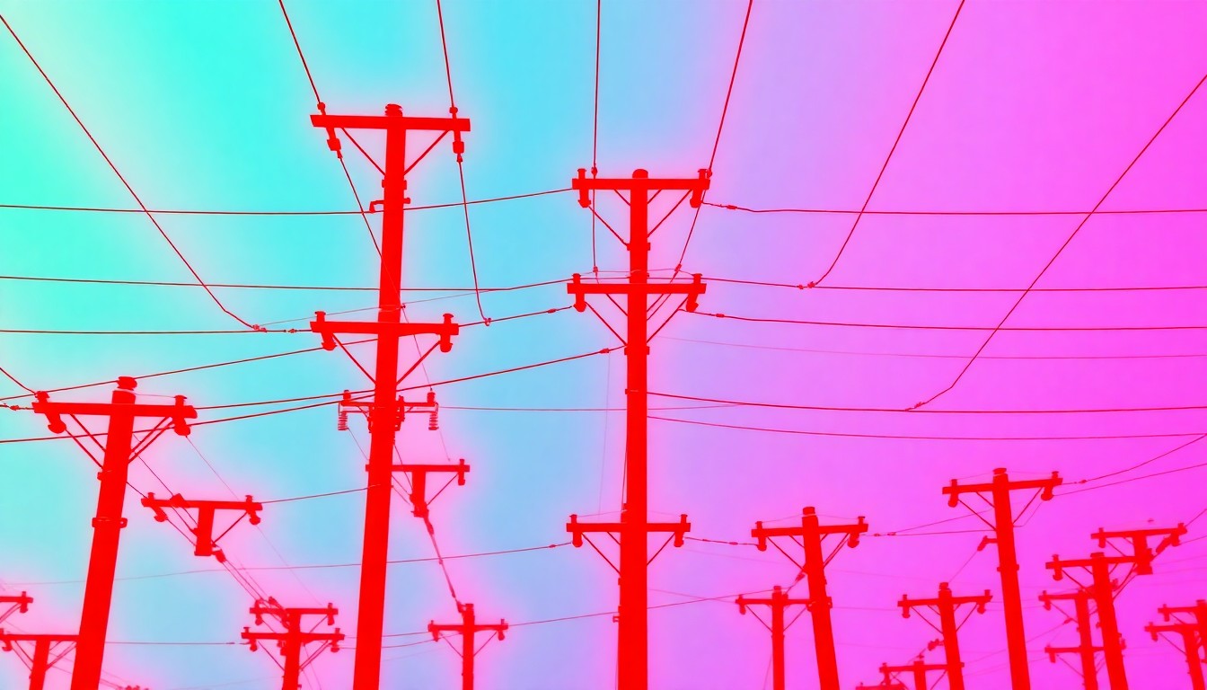 A highly stylized, abstract grid of brightly colored power line utility poles in a pop art silkscreen style, conceptually representing the technical expertise and hands-on challenges faced by future lineworkers.