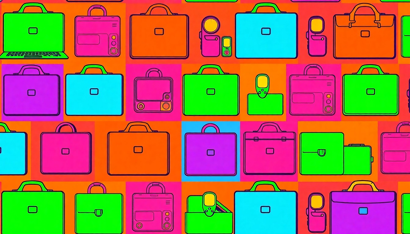 A brightly colored, high-contrast silkscreen print of a laptop computer repeated in a tight grid pattern, conceptually representing the entrepreneurial spirit and tools of small business owners.