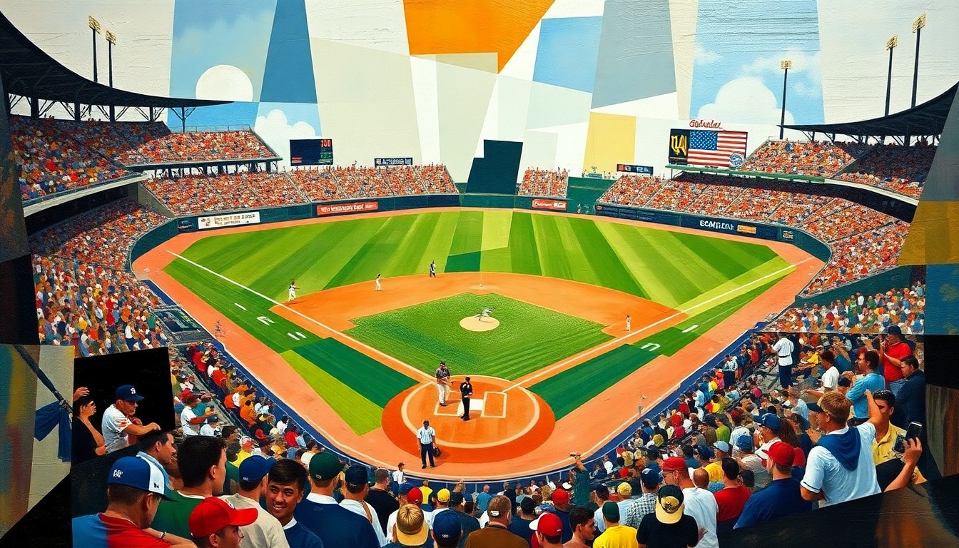 A fragmented, geometric painting depicting a baseball game, with players and the field reduced to abstract shapes and colors, conveying the dynamic energy of the game.