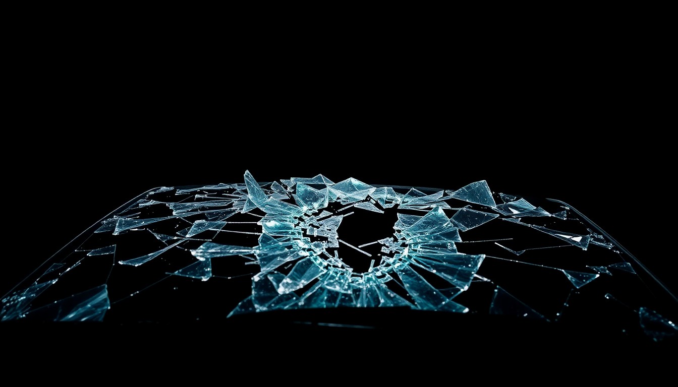 An extreme close-up photograph of a shattered car windshield, the jagged glass and twisted metal conceptually representing the aftermath of a serious highway collision.