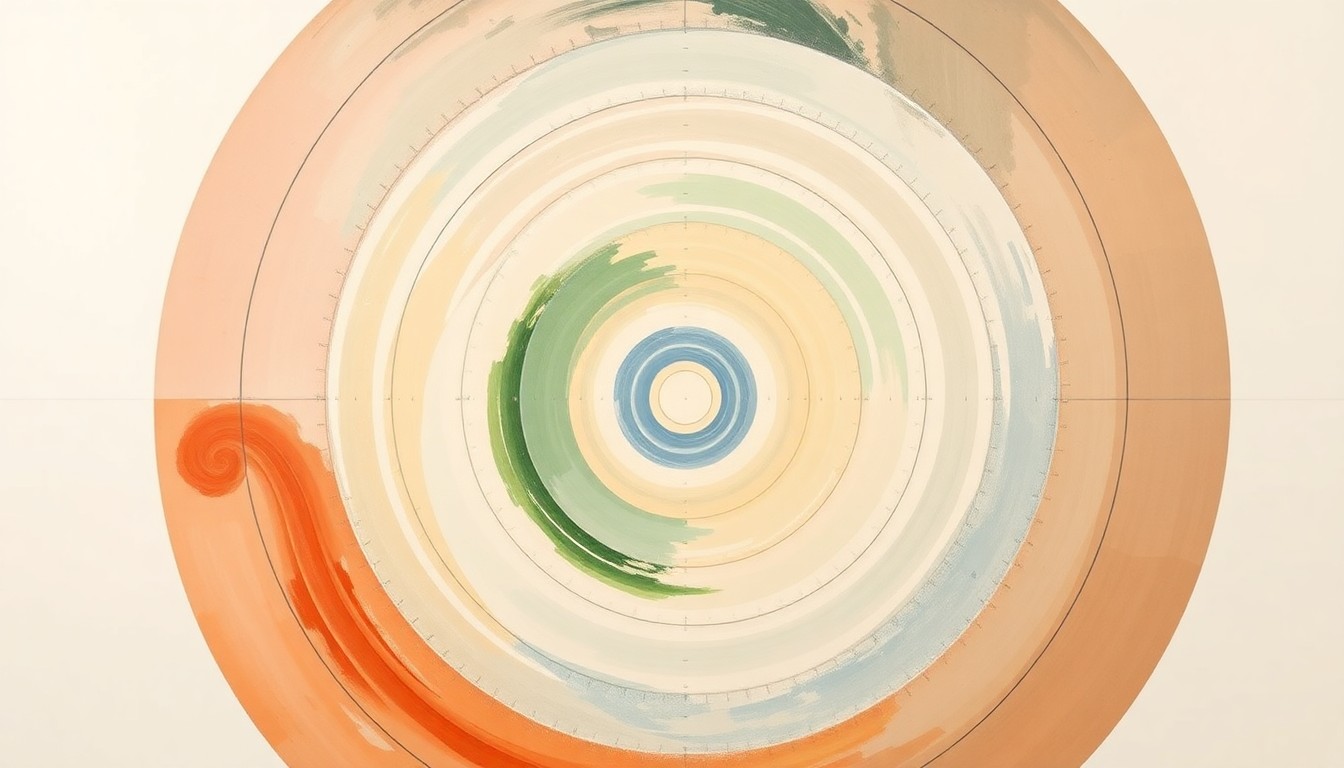 A bold, abstract painting in soft blues, greens, and grays depicting sweeping geometric arcs, concentric circles, and intersecting waveforms, conceptually representing the mysterious forces and structures underlying unexplained aerial sightings.