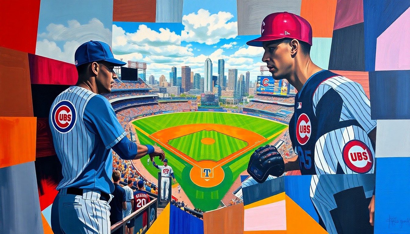 A fragmented, geometric painting in bold colors depicting various action scenes from the Cubs' 2016 World Series victory, including players, the baseball diamond, and the Cleveland skyline in the background.