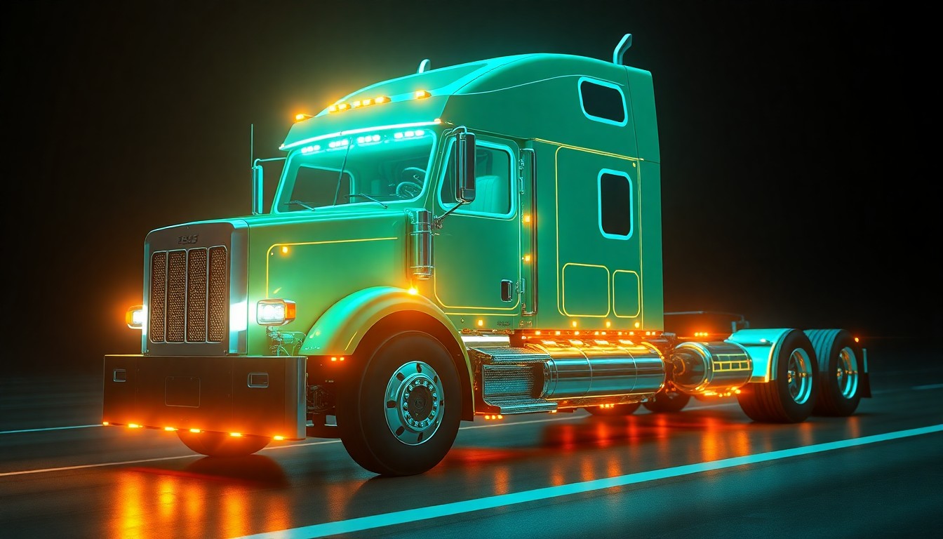 A highly detailed, glowing 3D illustration of the chassis and internal components of a semi-truck, with neon cyan and magenta lights illuminating the cybernetic hardware, conceptually representing the autonomous freight technology being tested on a major Tennessee highway.