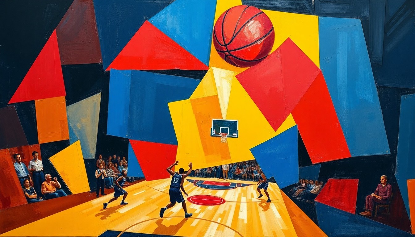 A cubist, geometric painting depicting a fragmented basketball game, with sharp planes of navy, crimson, and gold overlapping to create a dynamic, abstract composition that captures the energy and intensity of the sport.