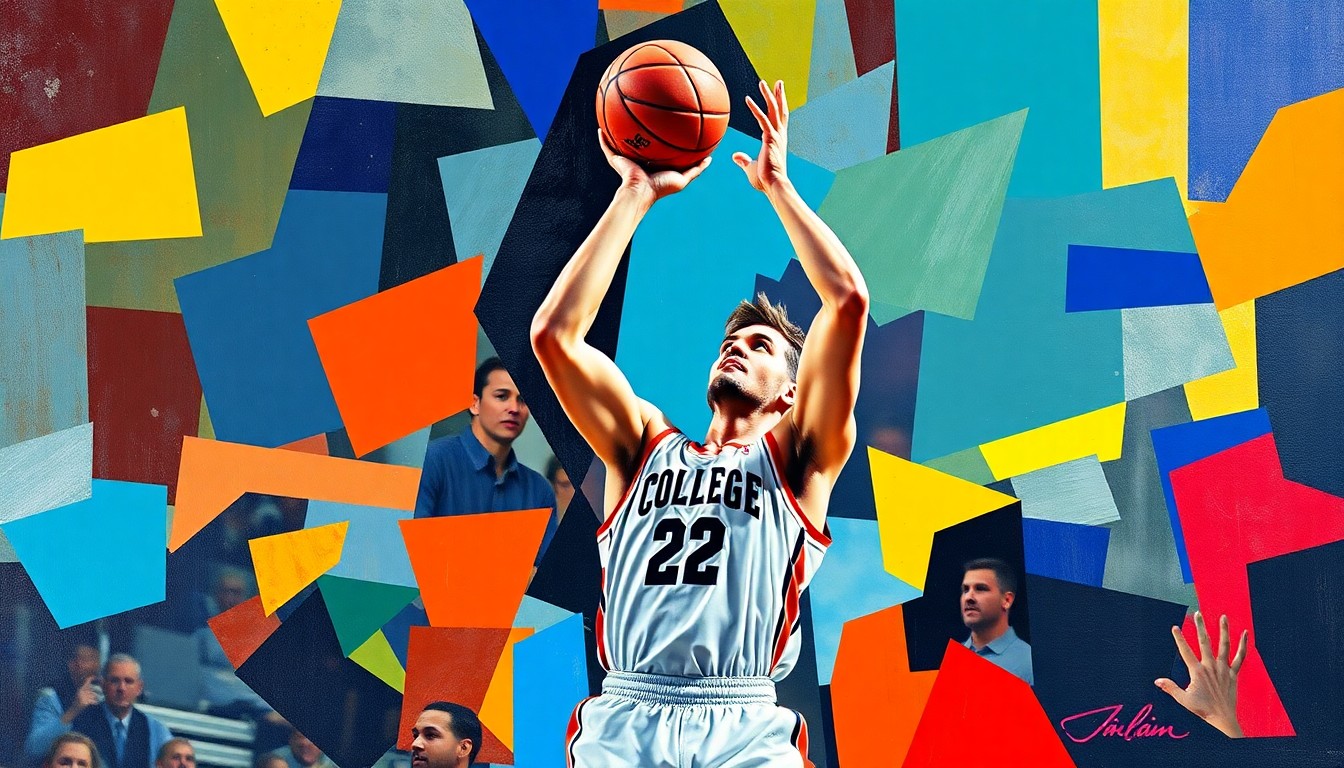 A fragmented, cubist-style painting depicting a basketball player in mid-jump, their body and face broken down into overlapping geometric shapes and planes in vibrant colors, conceptually representing the drama and energy of a game-winning moment.