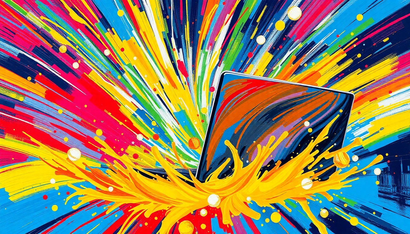 An abstract, expressionist painting in vibrant neon colors depicting the chaotic motion and energy of a Powerade shower, with no discernible faces or identifiable objects, conceptually representing the accidental damage to a reporter's laptop during a sports celebration.