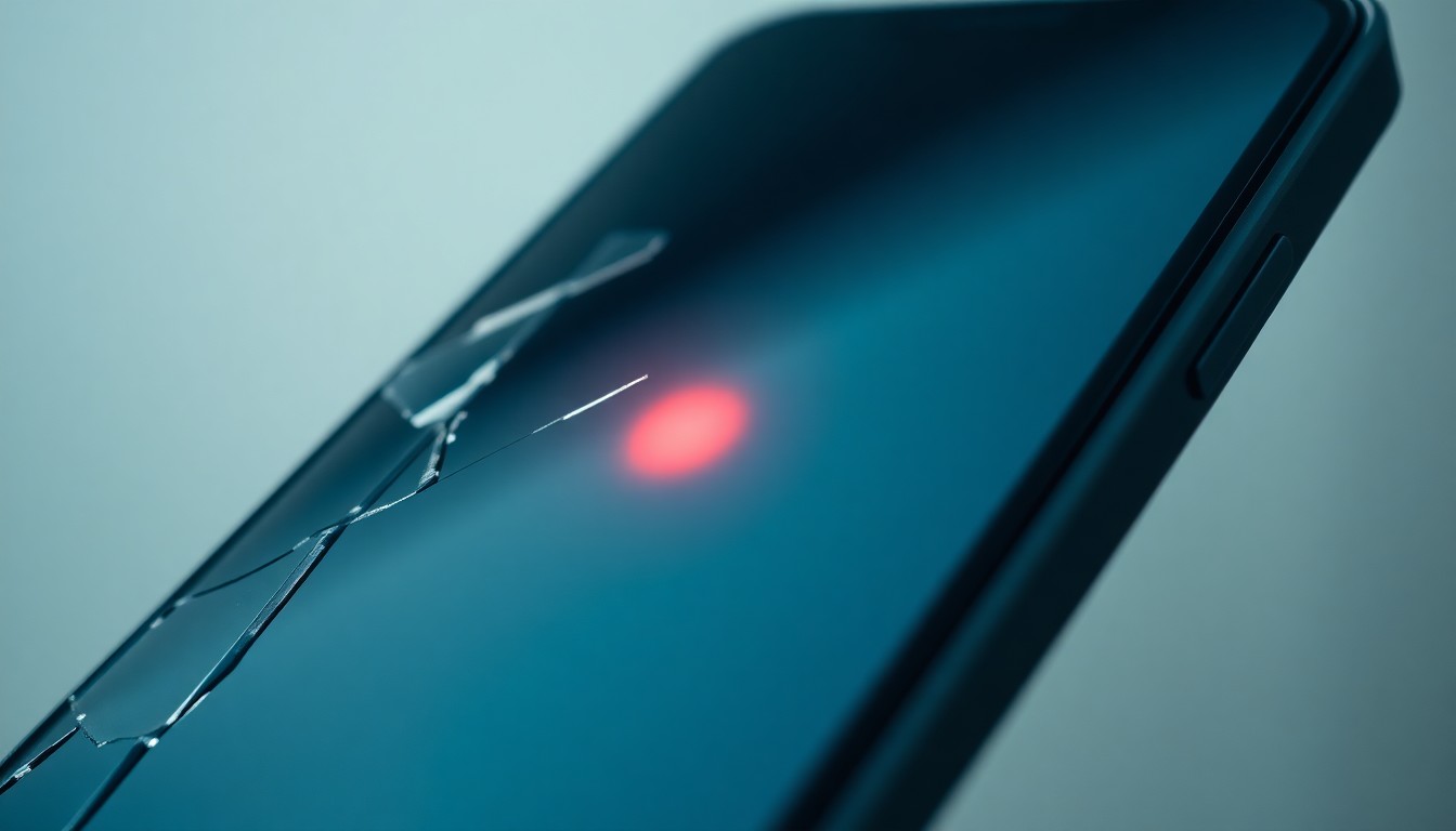 An extreme close-up of a cracked smartphone screen reflecting a faint red light, conveying the violation and trauma of a teacher-student sexual abuse case through an abstract, investigative visual style.